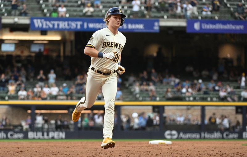 May 23, 2023; Milwaukee, Wisconsin, USA; Milwaukee Brewers right fielder Joey Wiemer (28) rounds the base after hitting a home run against the Houston Astros in the third inning at American Family Field. Mandatory Credit: Michael McLoone-USA TODAY Sports