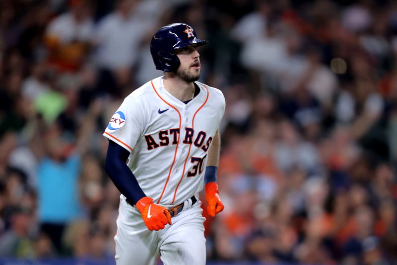 Sep 13, 2023; Houston, Texas, USA; Houston Astros right fielder Kyle Tucker (30) runs up the first base line after hitting a home run to right field against the Oakland Athletics during the seventh inning at Minute Maid Park. Mandatory Credit: Erik Williams-USA TODAY Sports