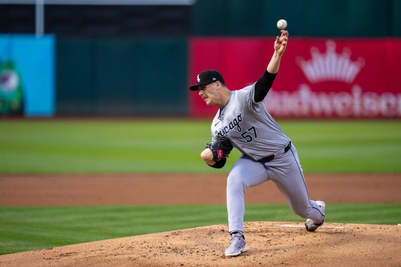 Aug 5, 2024; Oakland, California, USA;  Chicago White Sox starting pitcher Ky Bush (57) delivers a pitch against the Oakland Athletics during the first inning at Oakland-Alameda County Coliseum. Mandatory Credit: Neville E. Guard-USA TODAY Sports