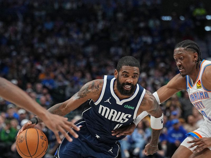 DALLAS, TX - FEBRUARY 10: Kyrie Irving #11 of the Dallas Mavericks handles the ball during the game against the Oklahoma City Thunder on February 10, 2024 at the American Airlines Center in Dallas, Texas. NOTE TO USER: User expressly acknowledges and agrees that, by downloading and or using this photograph, User is consenting to the terms and conditions of the Getty Images License Agreement. Mandatory Copyright Notice: Copyright 2024 NBAE (Photo by Glenn James/NBAE via Getty Images)