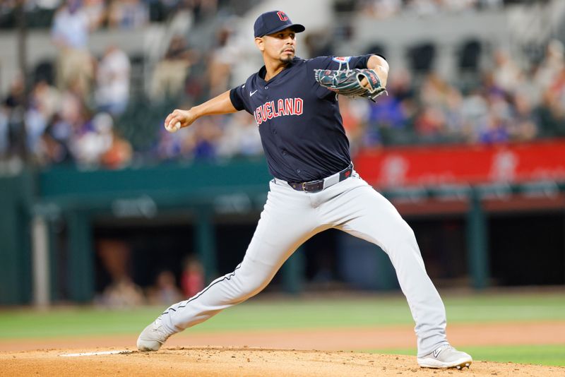 May 15, 2024; Arlington, Texas, USA; Cleveland Guardians pitcher Carlos Carrasco (59) throws during the first inning against the Texas Rangers at Globe Life Field. Mandatory Credit: Andrew Dieb-USA TODAY Sports