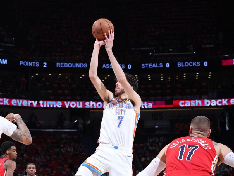 NEW ORLEANS, LA - APRIL 27:  Chet Holmgren #7 of the Oklahoma City Thunder shoots the ball during the game against the New Orleans Pelicans during Round 1 Game 3 of the 2024 NBA Playoffs on April 27, 2024 at the Smoothie King Center in New Orleans, Louisiana. NOTE TO USER: User expressly acknowledges and agrees that, by downloading and or using this Photograph, user is consenting to the terms and conditions of the Getty Images License Agreement. Mandatory Copyright Notice: Copyright 2024 NBAE (Photo by Jeff Haynes/NBAE via Getty Images)