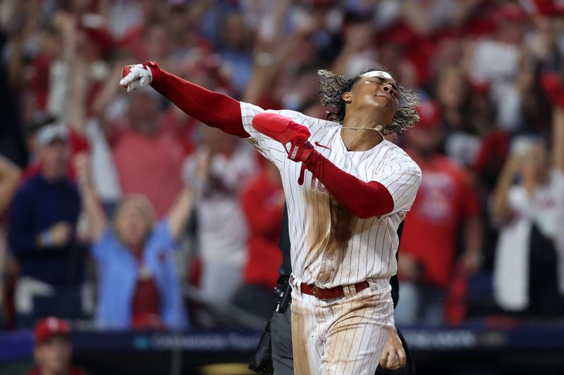 Oct 4, 2023; Philadelphia, Pennsylvania, USA; Philadelphia Phillies left fielder Cristian Pache (19) reacts after scoring a run against the Miami Marlins during the third inning for game two of the Wildcard series for the 2023 MLB playoffs at Citizens Bank Park. Mandatory Credit: Bill Streicher-USA TODAY Sports