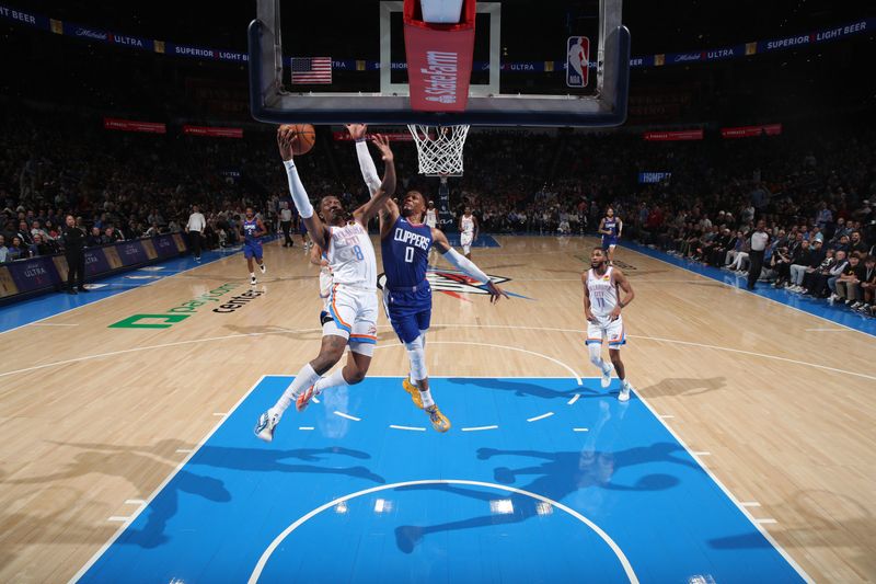 OKLAHOMA CITY, OK - FEBRUARY 22:  Jalen Williams #8 of the Oklahoma City Thunder drives to the basket during the game against the LA Clippers on February 22SF, 2024 at Paycom Arena in Oklahoma City, Oklahoma. NOTE TO USER: User expressly acknowledges and agrees that, by downloading and or using this photograph, User is consenting to the terms and conditions of the Getty Images License Agreement. Mandatory Copyright Notice: Copyright 2024 NBAE (Photo by Zach Beeker/NBAE via Getty Images)