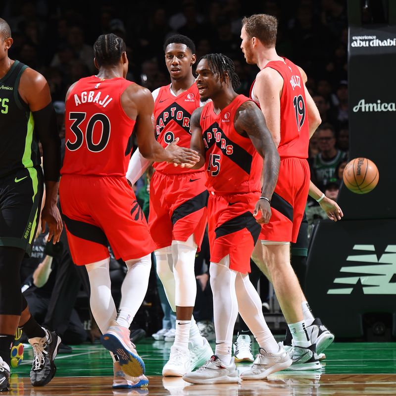 BOSTON, MA - NOVEMBER 16: Toronto Raptors celebrate during the game against the Boston Celtics on November 16, 2024 at TD Garden in Boston, Massachusetts. NOTE TO USER: User expressly acknowledges and agrees that, by downloading and/or using this Photograph, user is consenting to the terms and conditions of the Getty Images License Agreement. Mandatory Copyright Notice: Copyright 2024 NBAE (Photo by Brian Babineau/NBAE via Getty Images)