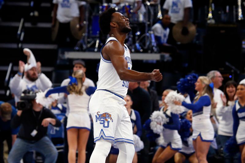 Dec 3, 2022; Memphis, Tennessee, USA; Memphis Tigers guard Alex Lomax (2) reacts during the first half against the Mississippi Rebels at FedExForum. Mandatory Credit: Petre Thomas-USA TODAY Sports