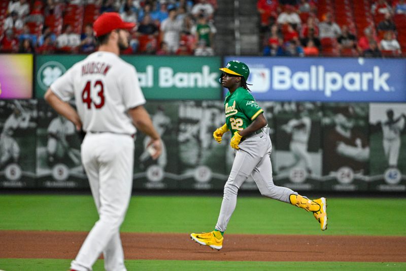 Aug 15, 2023; St. Louis, Missouri, USA;  Oakland Athletics center fielder Lawrence Butler (22) runs the bases after hitting a two run home run off of St. Louis Cardinals starting pitcher Dakota Hudson (43) during the seventh inning at Busch Stadium. Mandatory Credit: Jeff Curry-USA TODAY Sports