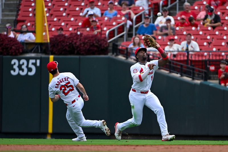 Sep 12, 2024; St. Louis, Missouri, USA;  St. Louis Cardinals right fielder Jordan Walker (18) catches a fly ball against the Cincinnati Reds during the third inning at Busch Stadium. Mandatory Credit: Jeff Curry-Imagn Images