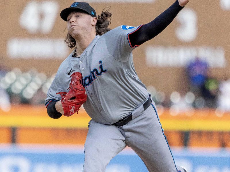 May 14, 2024; Detroit, Michigan, USA; Miami Marlins starting pitcher Ryan Weathers (60) pitches in the first inning against the Detroit Tigers at Comerica Park. Mandatory Credit: David Reginek-USA TODAY Sports