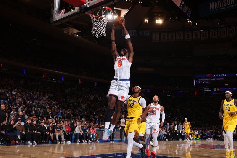 NEW YORK, NY - OCTOBER 25: OG Anunoby #8 of the New York Knicks dunks the ball during the game against the Indiana Pacers on October 25, 2024 at Madison Square Garden in New York City, New York.  NOTE TO USER: User expressly acknowledges and agrees that, by downloading and or using this photograph, User is consenting to the terms and conditions of the Getty Images License Agreement. Mandatory Copyright Notice: Copyright 2024 NBAE  (Photo by David L. Nemec/NBAE via Getty Images)