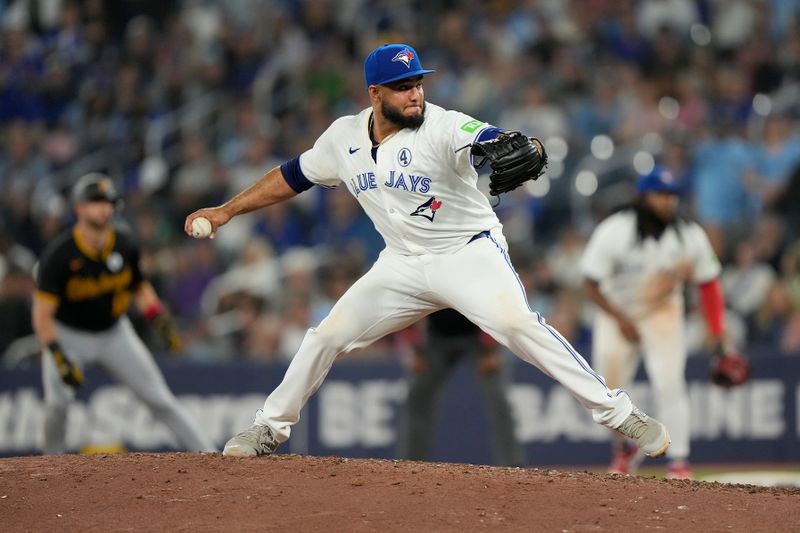 Jun 2, 2024; Toronto, Ontario, CAN; Toronto Blue Jays pitcher Yimi García (93) pitches against the Pittsburgh Pirates during the ninth inning at Rogers Centre. Mandatory Credit: John E. Sokolowski-USA TODAY Sports