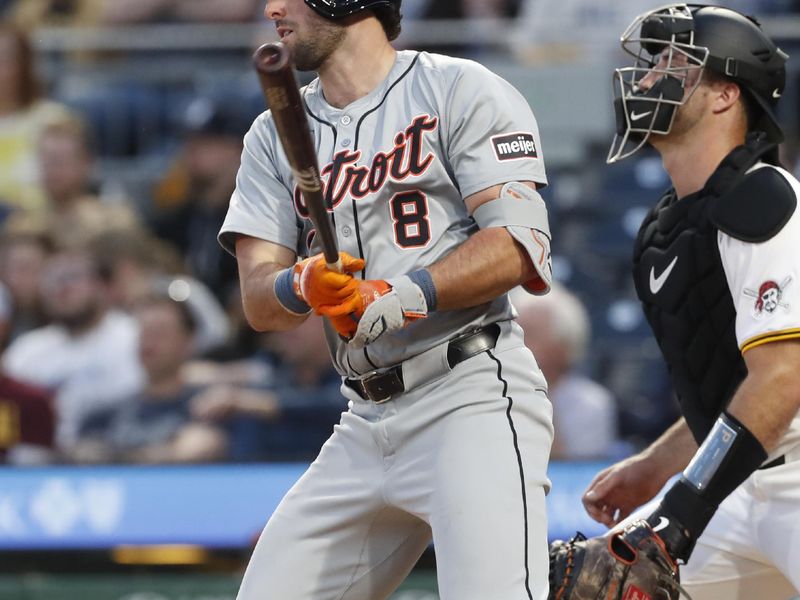 Apr 8, 2024; Pittsburgh, Pennsylvania, USA;  Detroit Tigers right fielder Matt Vierling (8) hits a single against the Pittsburgh Pirates during the fourth inning at PNC Park. Mandatory Credit: Charles LeClaire-USA TODAY Sports