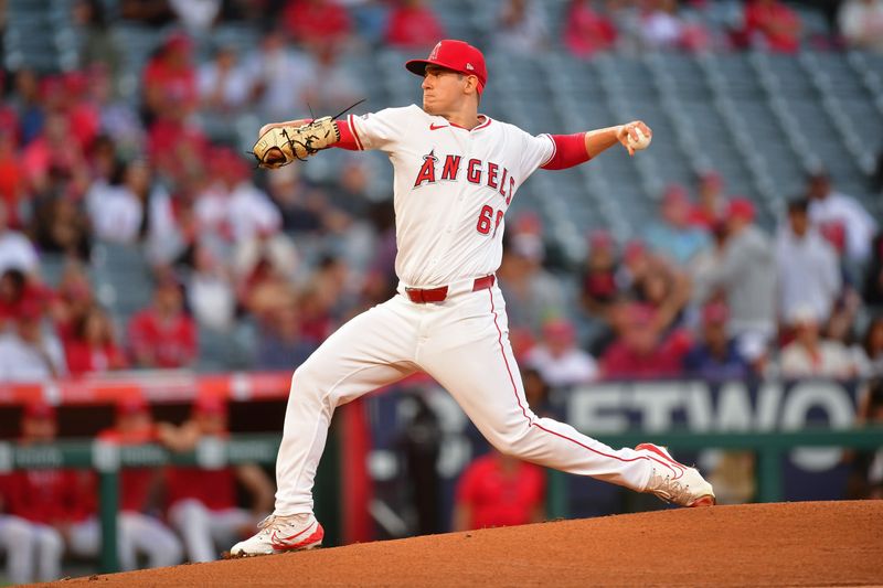 Sep 13, 2024; Anaheim, California, USA; Los Angeles Angels pitcher Samuel Aldegheri (66) throws against the Houston Astros during the first inning at Angel Stadium. Mandatory Credit: Gary A. Vasquez-Imagn Images