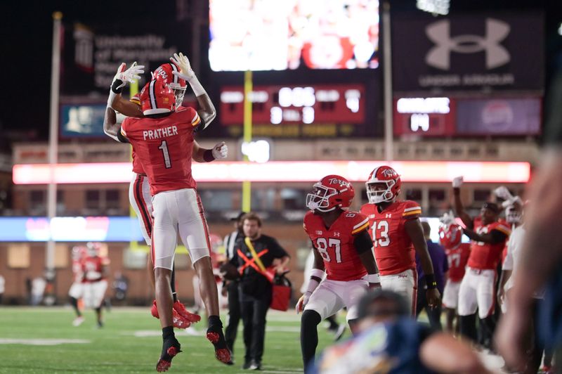 Sep 9, 2023; College Park, Maryland, USA; Maryland Terrapins wide receiver Tai Felton (10) celebrates with teammates after scoring a touchdown during the second half against the Charlotte 49ers at SECU Stadium. Mandatory Credit: Tommy Gilligan-USA TODAY Sports