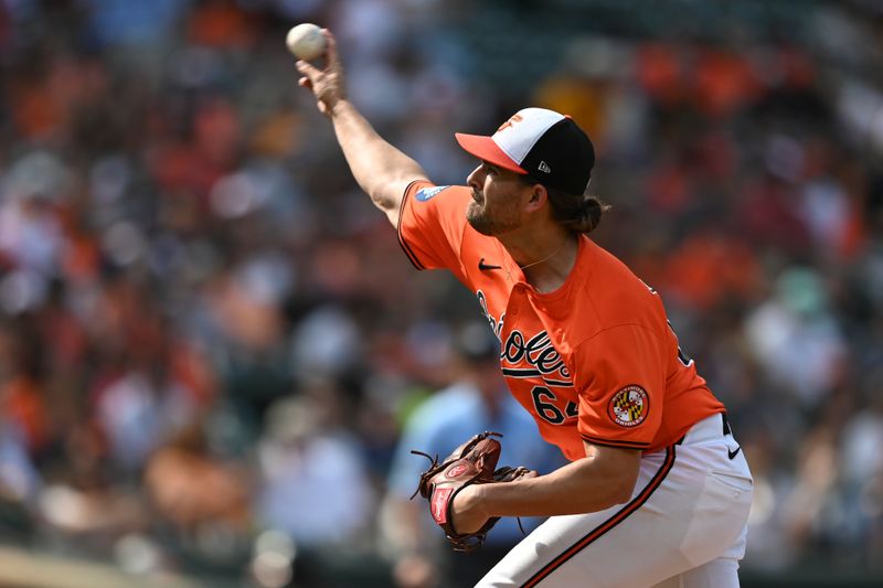 Jul 27, 2024; Baltimore, Maryland, USA;  Baltimore Orioles pitcher Dean Kremer (64) throws a first inning pitch against the San Diego Padres at Oriole Park at Camden Yards. Mandatory Credit: Tommy Gilligan-USA TODAY Sports