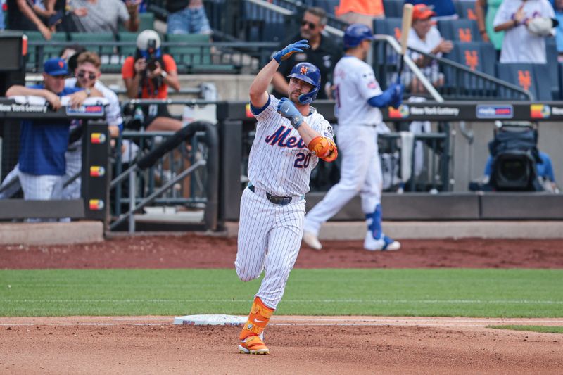 Jul 14, 2024; New York City, New York, USA; New York Mets first baseman Pete Alonso (20) rounds first base after hitting a three run home run during the fourth inning against the Colorado Rockies at Citi Field. Mandatory Credit: Vincent Carchietta-USA TODAY Sports