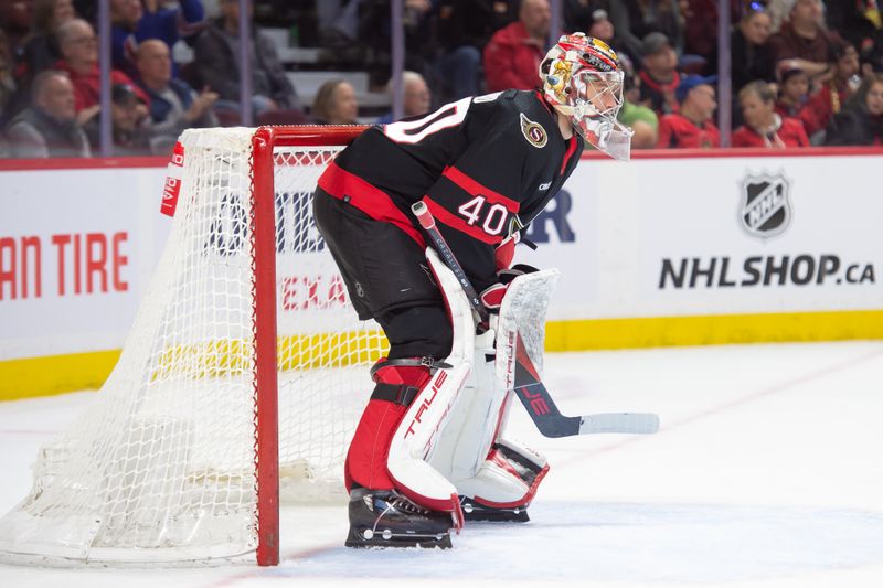 Jan 27, 2024; Ottawa, Ontario, CAN; Ottawa Senators goalie Mads Sogaard (40) is called into action in the second period against the New York Rangers at the Canadian Tire Centre. Mandatory Credit: Marc DesRosiers-USA TODAY Sports