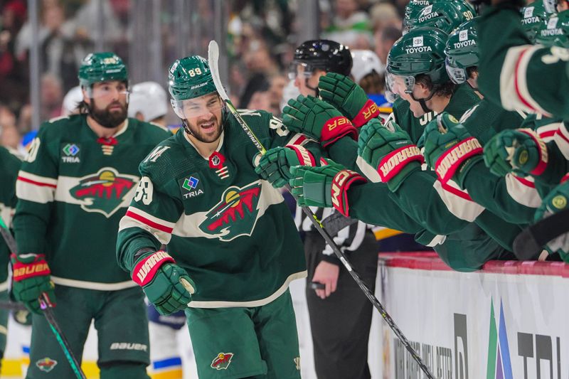 Nov 28, 2023; Saint Paul, Minnesota, USA; Minnesota Wild center Frederick Gaudreau (89) celebrates his goal against the St. Louis Blues in the first period at Xcel Energy Center. Mandatory Credit: Brad Rempel-USA TODAY Sports