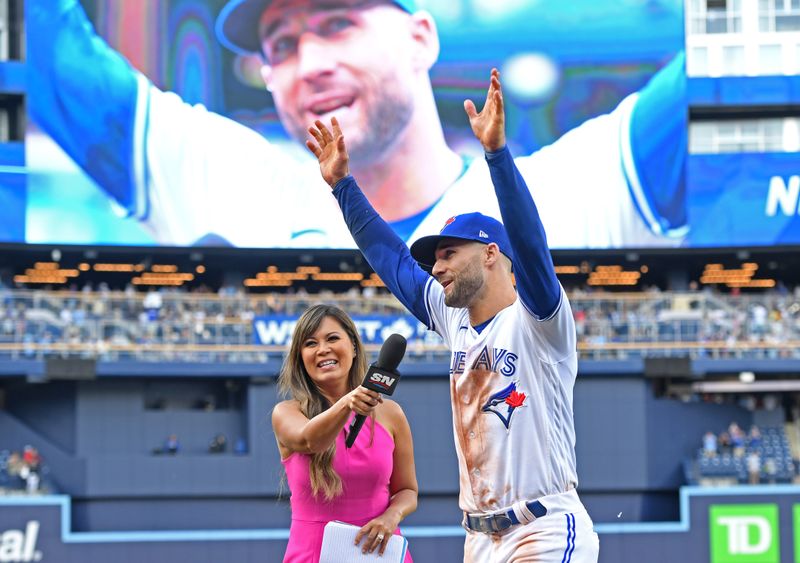 May 13, 2023; Toronto, Ontario, CAN; Toronto Blue Jays center fielder Kevin Kiermaier (39) waves to fans during a TV interview after a win over the Atlanta Braves at Rogers Centre. Mandatory Credit: Dan Hamilton-USA TODAY Sports