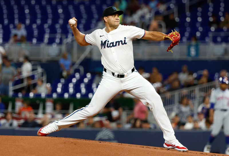 Jul 22, 2024; Miami, Florida, USA;  Miami Marlins starting pitcher Yonny Chirinos (26) pitches against the New York Mets in the first inning at loanDepot Park. Mandatory Credit: Rhona Wise-USA TODAY Sports