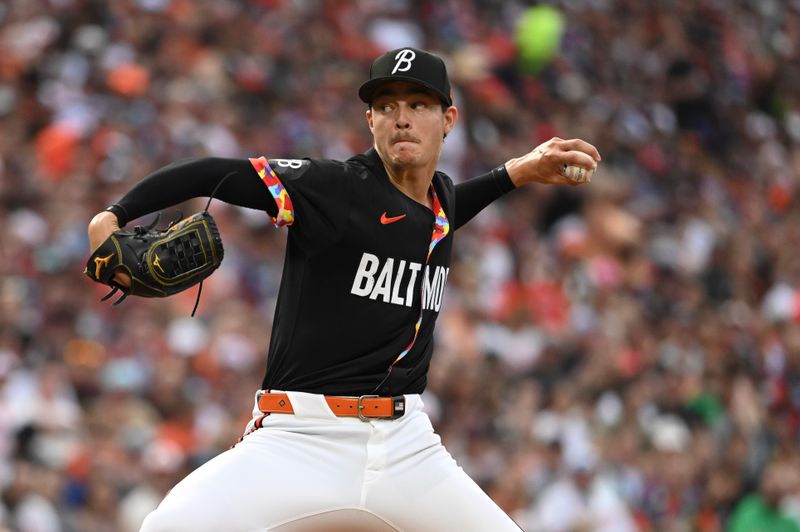 Jun 29, 2024; Baltimore, Maryland, USA; Baltimore Orioles pitcher Cade Povich (37) throws a second inning pitch against the Texas Rangers  at Oriole Park at Camden Yards. Mandatory Credit: Tommy Gilligan-USA TODAY Sports