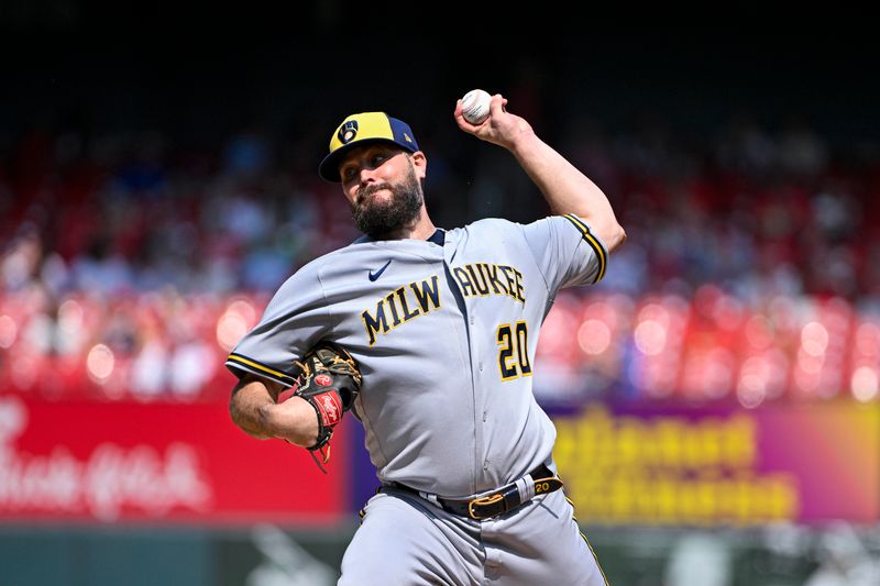 Sep 21, 2023; St. Louis, Missouri, USA;  Milwaukee Brewers starting pitcher Wade Miley (20) pitches against the St. Louis Cardinals during the fourth inning at Busch Stadium. Mandatory Credit: Jeff Curry-USA TODAY Sports