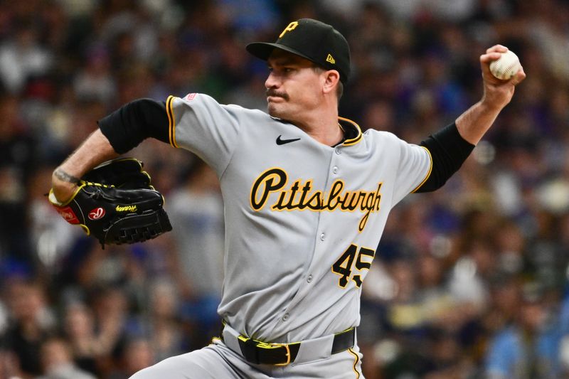 Jun 24, 2025; Milwaukee, Wisconsin, USA; Pittsburgh Pirates starting pitcher Andrew Heaney (45) throws a pitch in the first inning against the Milwaukee Brewers at American Family Field. Mandatory Credit: Benny Sieu-Imagn Images