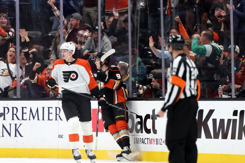 Nov 10, 2023; Anaheim, California, USA; Anaheim Ducks center Leo Carlsson (91) reacts after scoring a second goal of the game during the third period against the Philadelphia Flyers at Honda Center. Mandatory Credit: Kiyoshi Mio-USA TODAY Sports