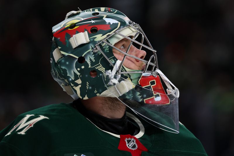 Oct 30, 2025; Saint Paul, Minnesota, USA; Minnesota Wild goaltender Filip Gustavsson (32) looks on during the third period against the Pittsburgh Penguins at Grand Casino Arena. Mandatory Credit: Matt Krohn-Imagn Images