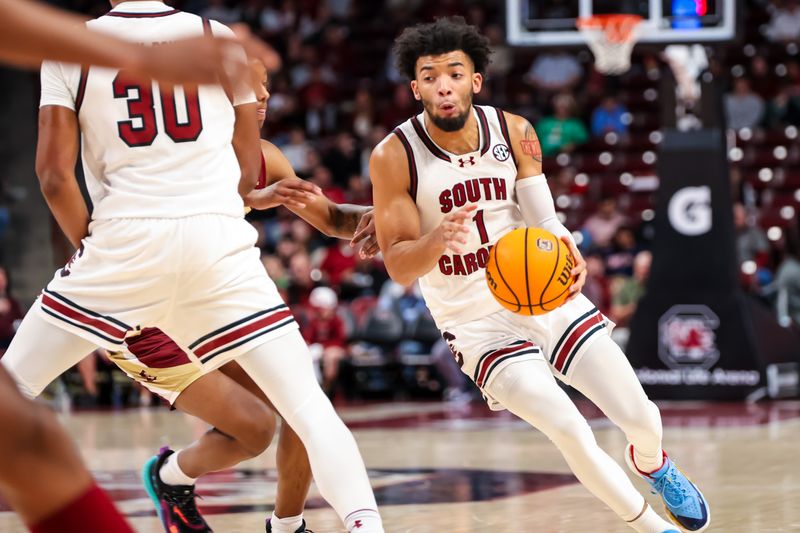 Dec 22, 2023; Columbia, South Carolina, USA; South Carolina Gamecocks guard Jacobi Wright (1) dribbles the ball against the Elon Phoenix in the first half at Colonial Life Arena. Mandatory Credit: Jeff Blake-USA TODAY Sports