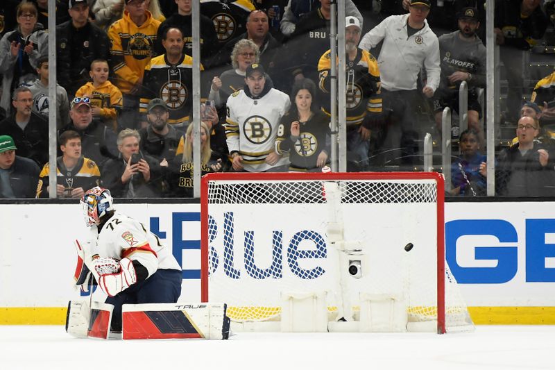 Apr 6, 2024; Boston, Massachusetts, USA; Boston Bruins center Jesper Boqvist (70) (not pictured) scores the winning goal in overtime past Florida Panthers goaltender Sergei Bobrovsky (72) at TD Garden. Mandatory Credit: Bob DeChiara-USA TODAY Sports