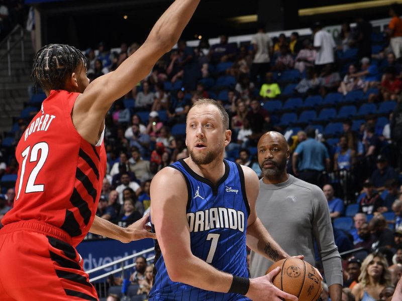 ORLANDO, FL - APRIL 1: Joe Ingles #7 of the Orlando Magic handles the ball during the game against the Portland Trail Blazers on April 1, 2024 at Kia Center in Orlando, Florida. NOTE TO USER: User expressly acknowledges and agrees that, by downloading and or using this photograph, User is consenting to the terms and conditions of the Getty Images License Agreement. Mandatory Copyright Notice: Copyright 2024 NBAE (Photo by Fernando Medina/NBAE via Getty Images)