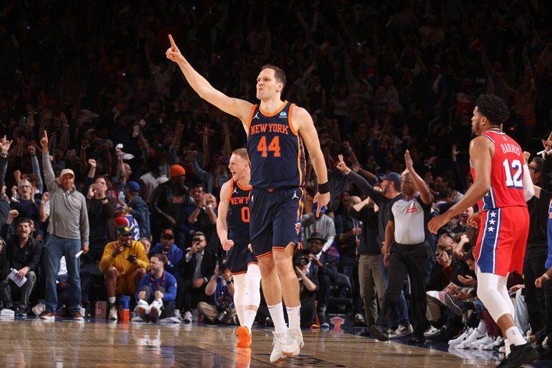 NEW YORK, NY - APRIL 22:  Bojan Bogdanovic #44 of the New York Knicks looks on during the game against the Philadelphia 76ers during Round 1 Game 2 of the 2024 NBA Playoffs on April 22, 2024 at Madison Square Garden in New York City, New York.  NOTE TO USER: User expressly acknowledges and agrees that, by downloading and or using this photograph, User is consenting to the terms and conditions of the Getty Images License Agreement. Mandatory Copyright Notice: Copyright 2024 NBAE  (Photo by Nathaniel S. Butler/NBAE via Getty Images)