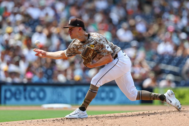 Sep 8, 2024; San Diego, California, USA; San Diego Padres relief pitcher Alek Jacob (37) throws in the fifth inning against the San Francisco Giants at Petco Park. Mandatory Credit: Chadd Cady-Imagn Images