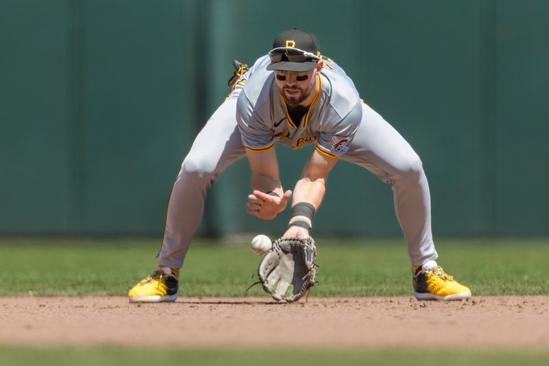 Apr 28, 2024; San Francisco, California, USA;  Pittsburgh Pirates second baseman Jared Triolo (19) fields a ground ball against the San Francisco Giants uring the sixth inning at Oracle Park. Mandatory Credit: John Hefti-USA TODAY Sports