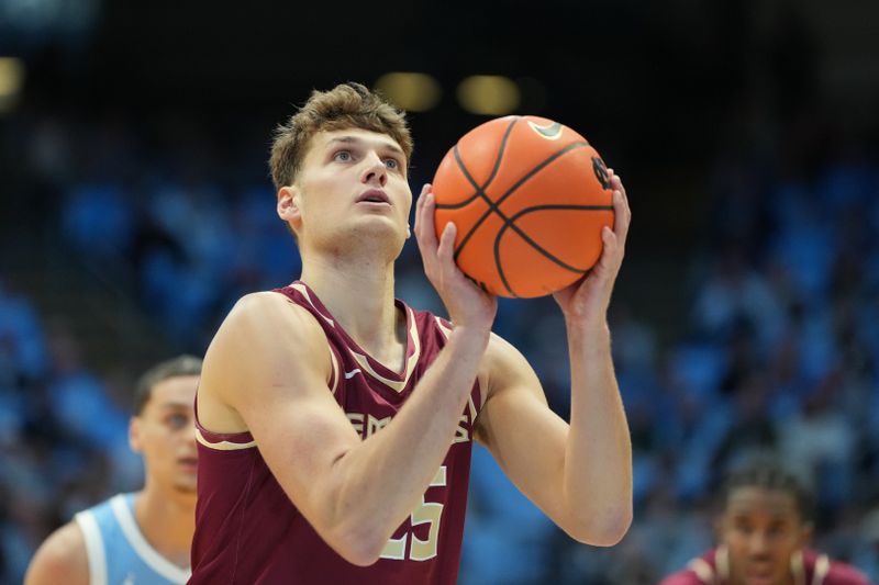 Dec 30, 2025; Chapel Hill, North Carolina, USA; Florida State Seminoles forward Alex Steen (25) on the free throw line in the first half at Dean E. Smith Center. Mandatory Credit: Bob Donnan-Imagn Images