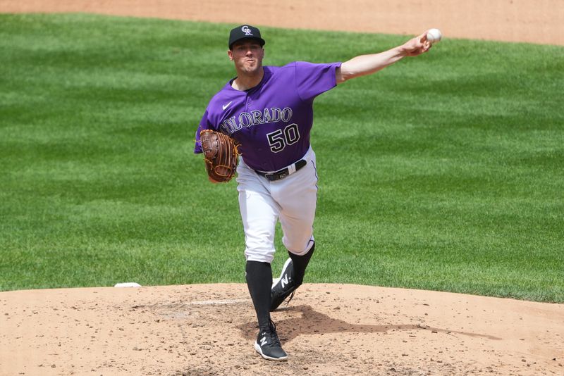 Jul 30, 2023; Denver, Colorado, USA; Colorado Rockies starting pitcher Ty Blach (50) pitches in the first inning against the Oakland Athletics at Coors Field. Mandatory Credit: Ron Chenoy-USA TODAY Sports