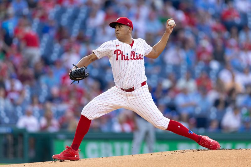 May 21, 2024; Philadelphia, Pennsylvania, USA; Philadelphia Phillies pitcher Ranger Suárez (55) throws a pitch during the first inning against the Texas Rangers at Citizens Bank Park. Mandatory Credit: Bill Streicher-USA TODAY Sports