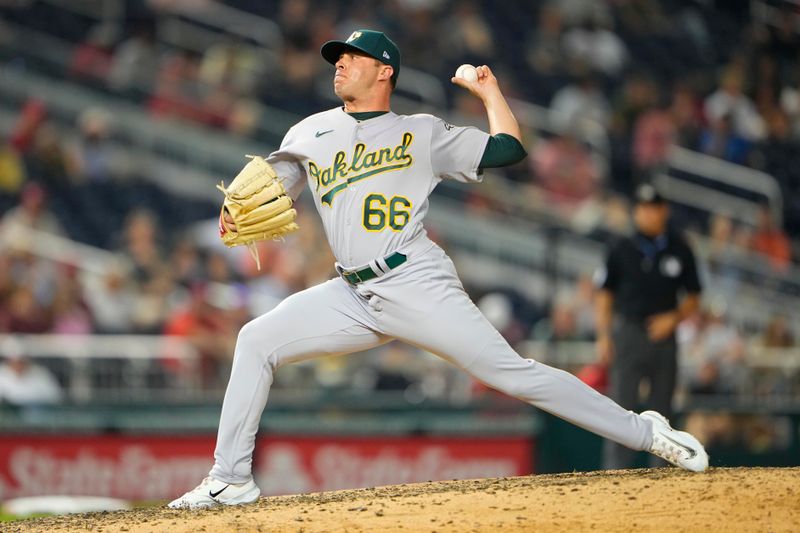 Aug 11, 2023; Washington, District of Columbia, USA;  Oakland Athletics pitcher Sam Long (66) delivers a pitch against the Washington Nationals during the seventh inning at Nationals Park. Mandatory Credit: Gregory Fisher-USA TODAY Sports