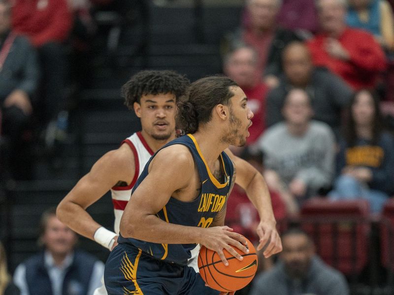 Mar 7, 2024; Stanford, California, USA; California Golden Bears guard Jaylon Tyson (20) dribbles the basketball against Stanford Cardinal forward Spencer Jones (14) during the first quarter at Maples Pavillion. Mandatory Credit: Neville E. Guard-USA TODAY Sports