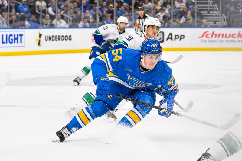 Oct 30, 2025; St. Louis, Missouri, USA; St. Louis Blues right wing Dalibor Dvorsky (54) skates against the Vancouver Canucks during the second period at Enterprise Center. Mandatory Credit: Jeff Curry-Imagn Images