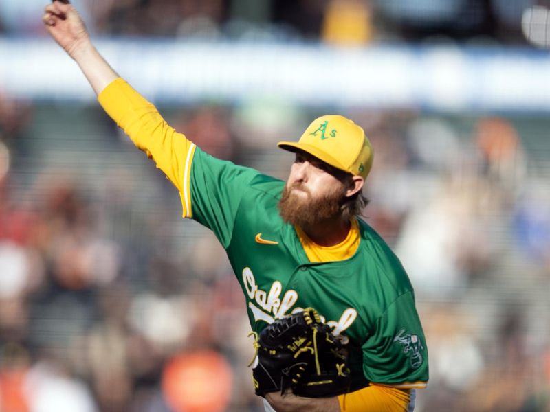 Mar 26, 2024; San Francisco, California, USA; Oakland Athletics starting pitcher Paul Blackburn (58) delivers a pitch against the San Francisco Giants during the first inning at Oracle Park. Mandatory Credit: D. Ross Cameron-USA TODAY Sports