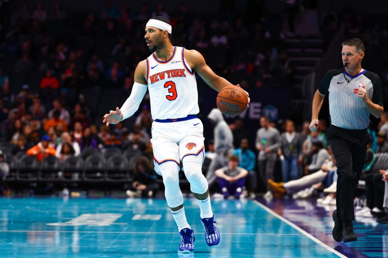 CHARLOTTE, NORTH CAROLINA - NOVEMBER 29: Josh Hart #3 of the New York Knicks brings the ball down the court during the second half of a basketball game against the Charlotte Hornets at Spectrum Center on November 29, 2024 in Charlotte, North Carolina. NOTE TO USER: User expressly acknowledges and agrees that, by downloading and or using this photograph, User is consenting to the terms and conditions of the Getty Images License Agreement. (Photo by David Jensen/Getty Images)