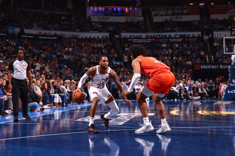 OKLAHOMA CITY, OK - NOVEMBER 15: Monte Morris #23 of the Phoenix Suns handles the ball during the game against the Oklahoma City Thunder during the Emirates NBA Cup game on November 15, 2024 at Paycom Center in Oklahoma City, Oklahoma. NOTE TO USER: User expressly acknowledges and agrees that, by downloading and or using this photograph, User is consenting to the terms and conditions of the Getty Images License Agreement. Mandatory Copyright Notice: Copyright 2024 NBAE (Photo by Zach Beeker/NBAE via Getty Images)