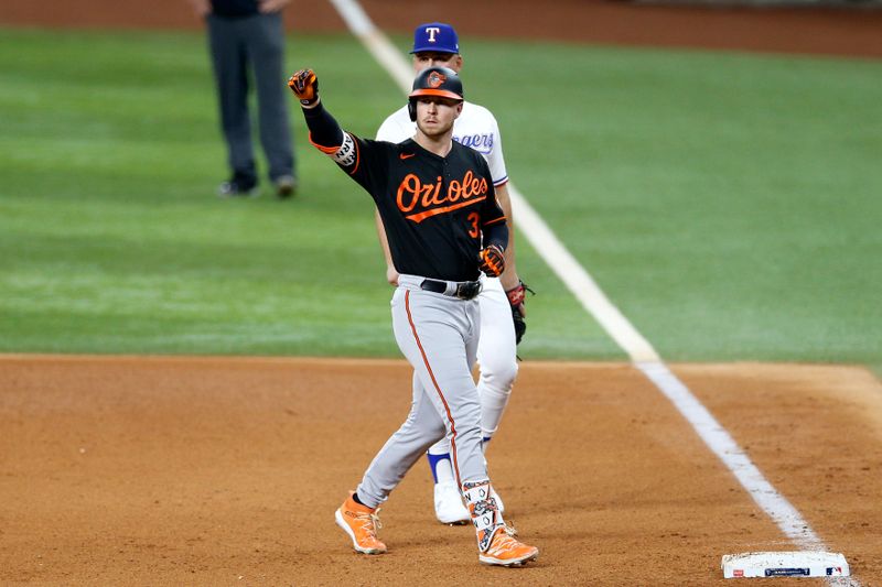 Oct 10, 2023; Arlington, Texas, USA; Baltimore Orioles first baseman Ryan O'Hearn (32) reacts after hitting a single in the fourth inning against the Texas Rangers during game three of the ALDS for the 2023 MLB playoffs at Globe Life Field. Mandatory Credit: Andrew Dieb-USA TODAY Sports