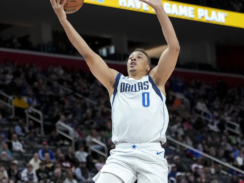 DETROIT, MICHIGAN - MARCH 09: Dante Exum #0 of the Dallas Mavericks shoots the ball against the Detroit Pistons during the first quarter at Little Caesars Arena on March 09, 2024 in Detroit, Michigan. NOTE TO USER: User expressly acknowledges and agrees that, by downloading and or using this photograph, User is consenting to the terms and conditions of the Getty Images License Agreement. (Photo by Nic Antaya/Getty Images)