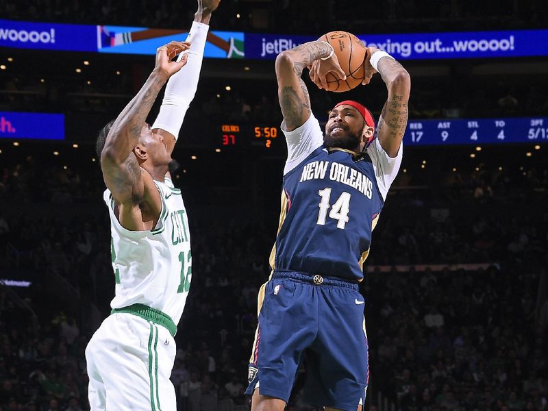 BOSTON, MA - JANUARY 29: Brandon Ingram #14 of the New Orleans Pelicans shoots the ball during the game against the Boston Celtics on January 29, 2024 at the TD Garden in Boston, Massachusetts. NOTE TO USER: User expressly acknowledges and agrees that, by downloading and or using this photograph, User is consenting to the terms and conditions of the Getty Images License Agreement. Mandatory Copyright Notice: Copyright 2024 NBAE  (Photo by Brian Babineau/NBAE via Getty Images)