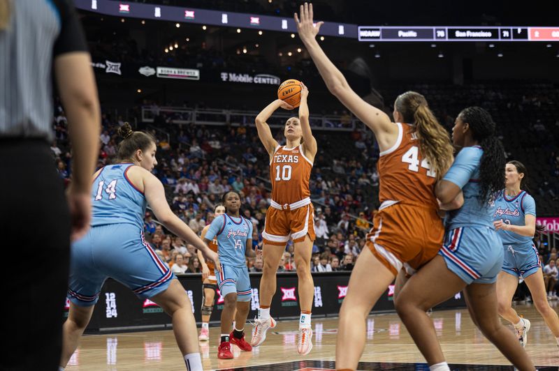 Mar 9, 2024; Kansas City, MO, USA; Texas Longhorns guard Shay Holle (10) shoots the ball against the Kansas Jayhawks during the second half at T-Mobile Center. Mandatory Credit: Amy Kontras-USA TODAY Sports