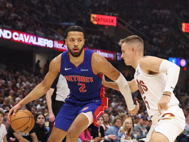 CLEVELAND, OH - OCTOBER 25:  Cade Cunningham #2 of the Detroit Pistons dribbles the ball during the game against the Cleveland Cavaliers on October 25, 2024 at Rocket Mortgage FieldHouse in Cleveland, Ohio. NOTE TO USER: User expressly acknowledges and agrees that, by downloading and/or using this Photograph, user is consenting to the terms and conditions of the Getty Images License Agreement. Mandatory Copyright Notice: Copyright 2024 NBAE (Photo by  Lauren Leigh Bacho/NBAE via Getty Images)