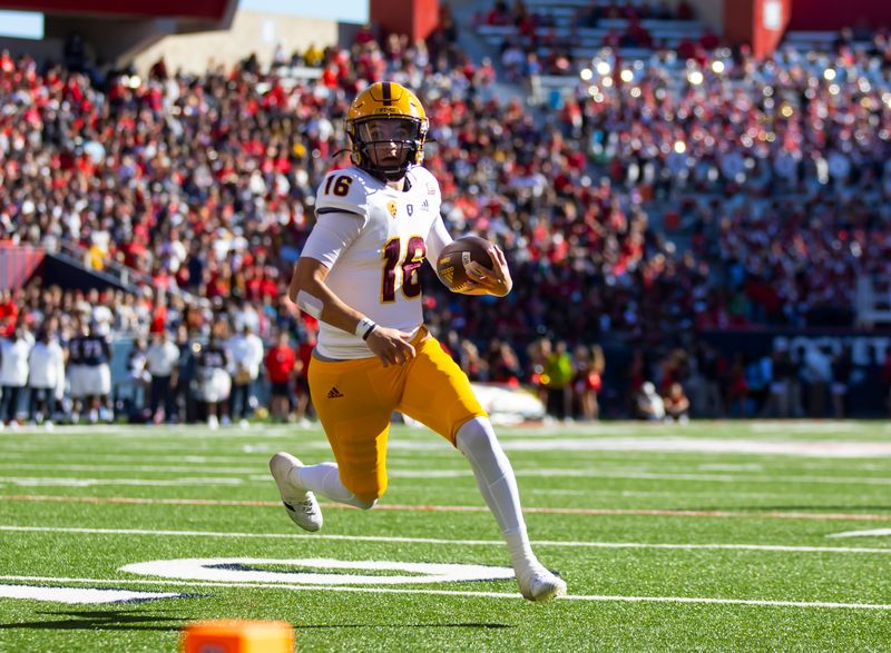 Nov 25, 2022; Tucson, Arizona, USA; Arizona State Sun Devils quarterback Trenton Bourguet (16) against the Arizona Wildcats in the first half of the Territorial Cup at Arizona Stadium. Mandatory Credit: Mark J. Rebilas-USA TODAY Sports